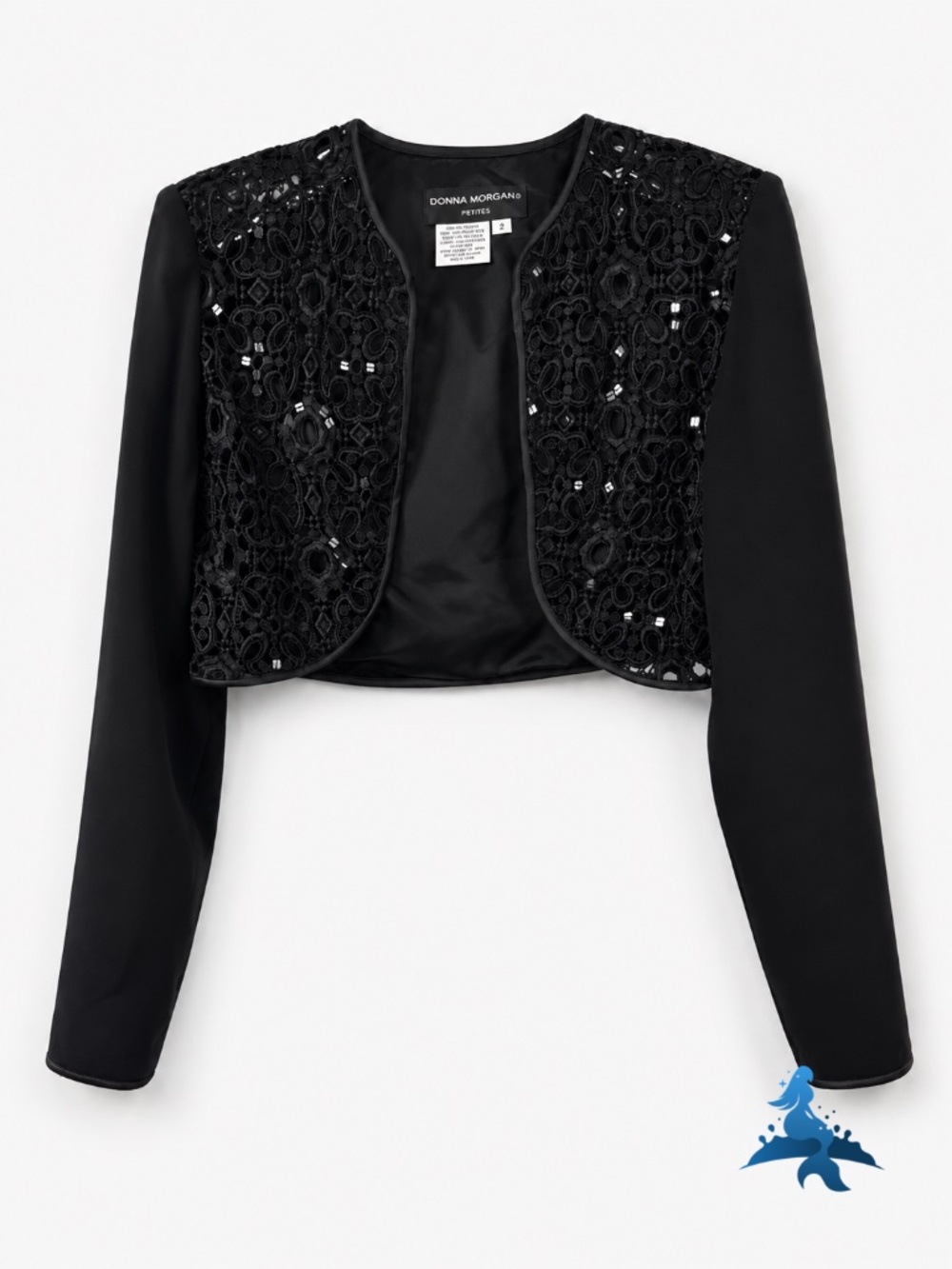 1360 Donna Morgan Petites Embellished Lace Bolero Jacket – Size 2 – Black